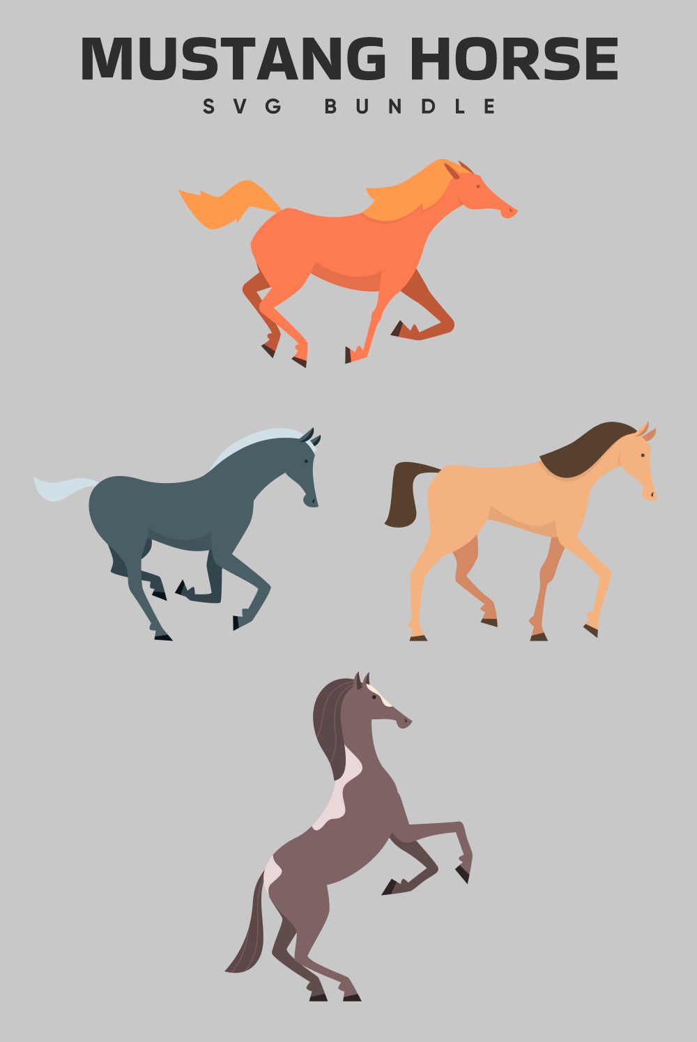 Three horses are shown in three different colors.