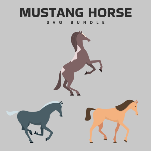 Three horses are shown in three different colors.
