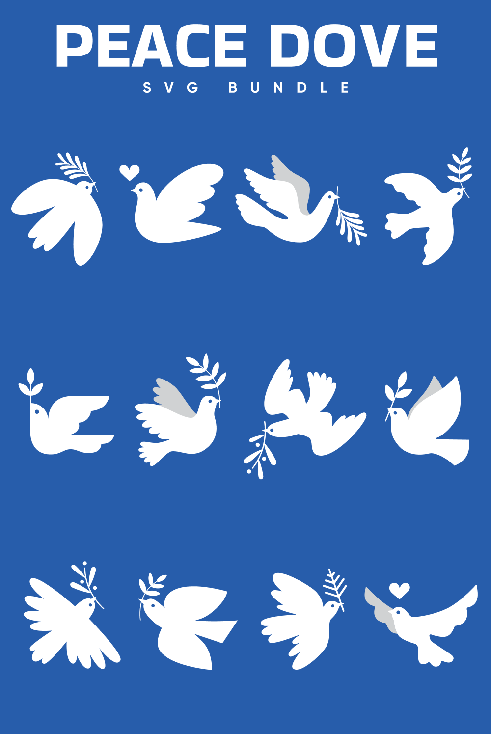 Blue poster with white doves and leaves.