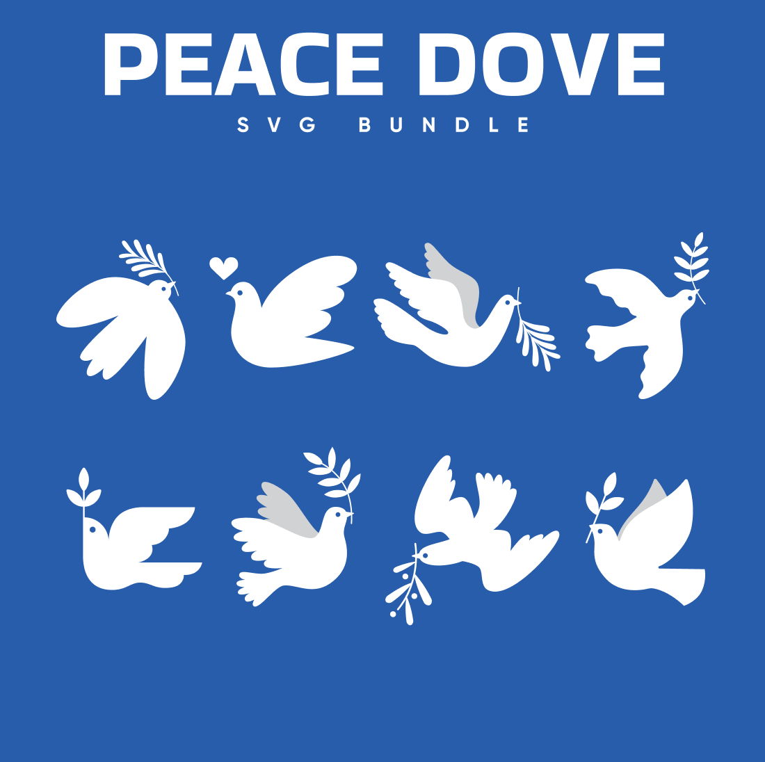 Blue background with white silhouettes of doves.