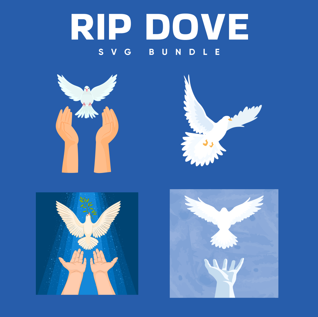 Blue background with white doves and hands.