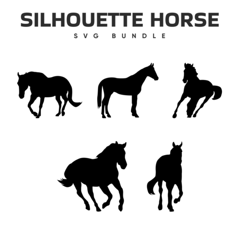 Five black silhouettes of horses with the name of the product on a white background.