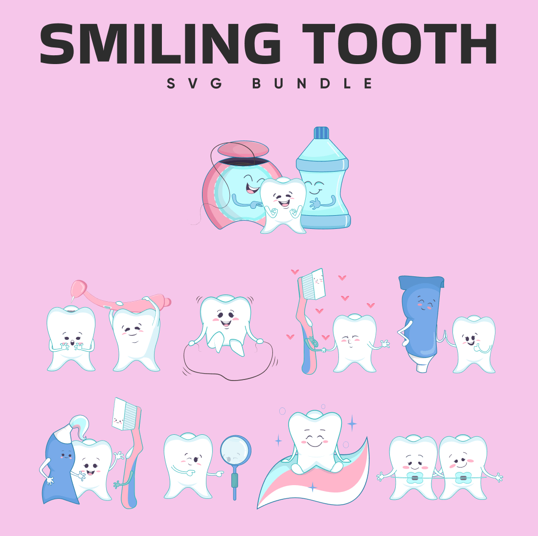 Ten smiling teeth with toothpaste and toothbrushes.