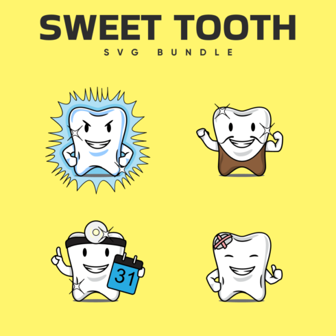 Headline "Sweet Tooth" with drawings of four teeth on a yellow background.