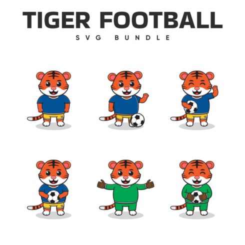Tiger football in six drawings of a tiger in a t-shirt and shorts with a ball.
