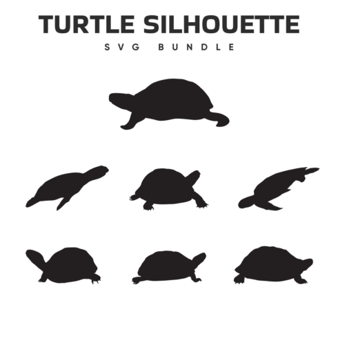 Seven dark silhouettes of turtles with the heading of the goods on a white background.
