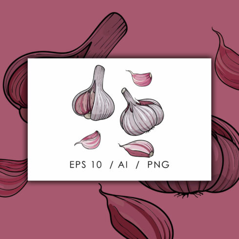 Images of garlic on white and pink backgrounds.