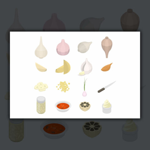 Garlic Icons Set, Isometric Style.