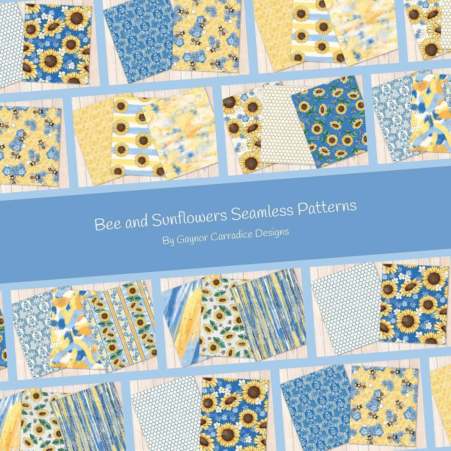 Bee and Sunflowers Seamless Patterns.