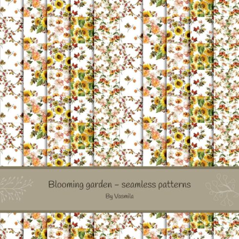 Ten seamless patterns - blooming garden and header on a gray background.