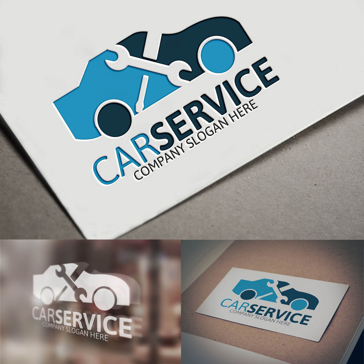 Blue-blue, white logo of a car service and a business card with a logo.