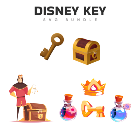 Disney keys are in the hands of a character standing near a chest with a lock.