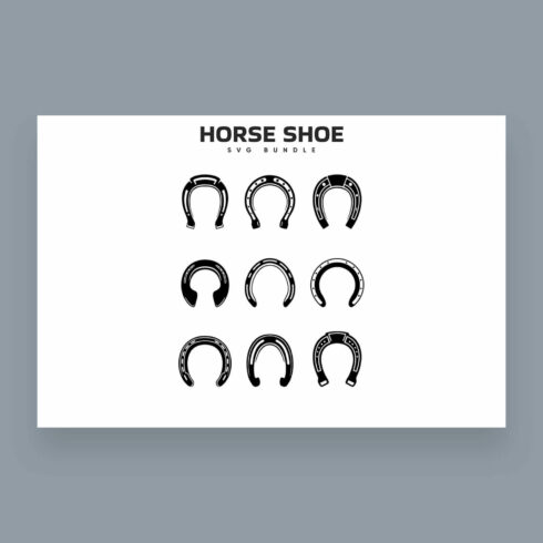 Nine black horseshoes with the name on top on a white background.