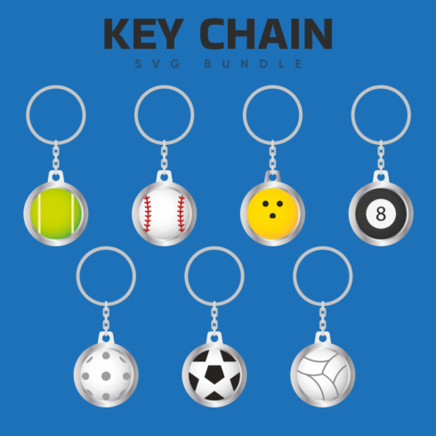 A set of key chains with drawings of different balls.