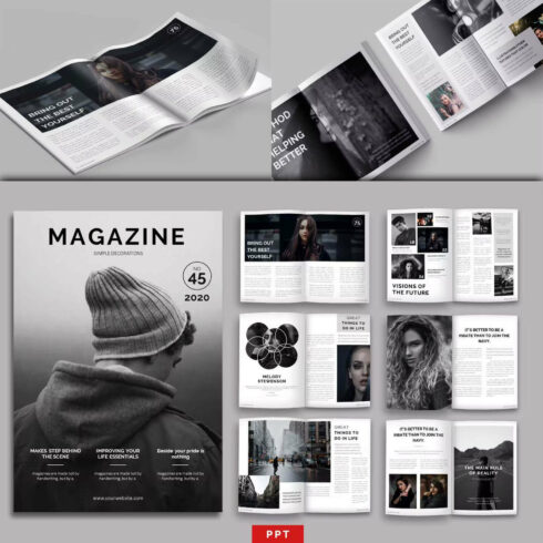 Gray and white magazine layout template in PowerPoint.