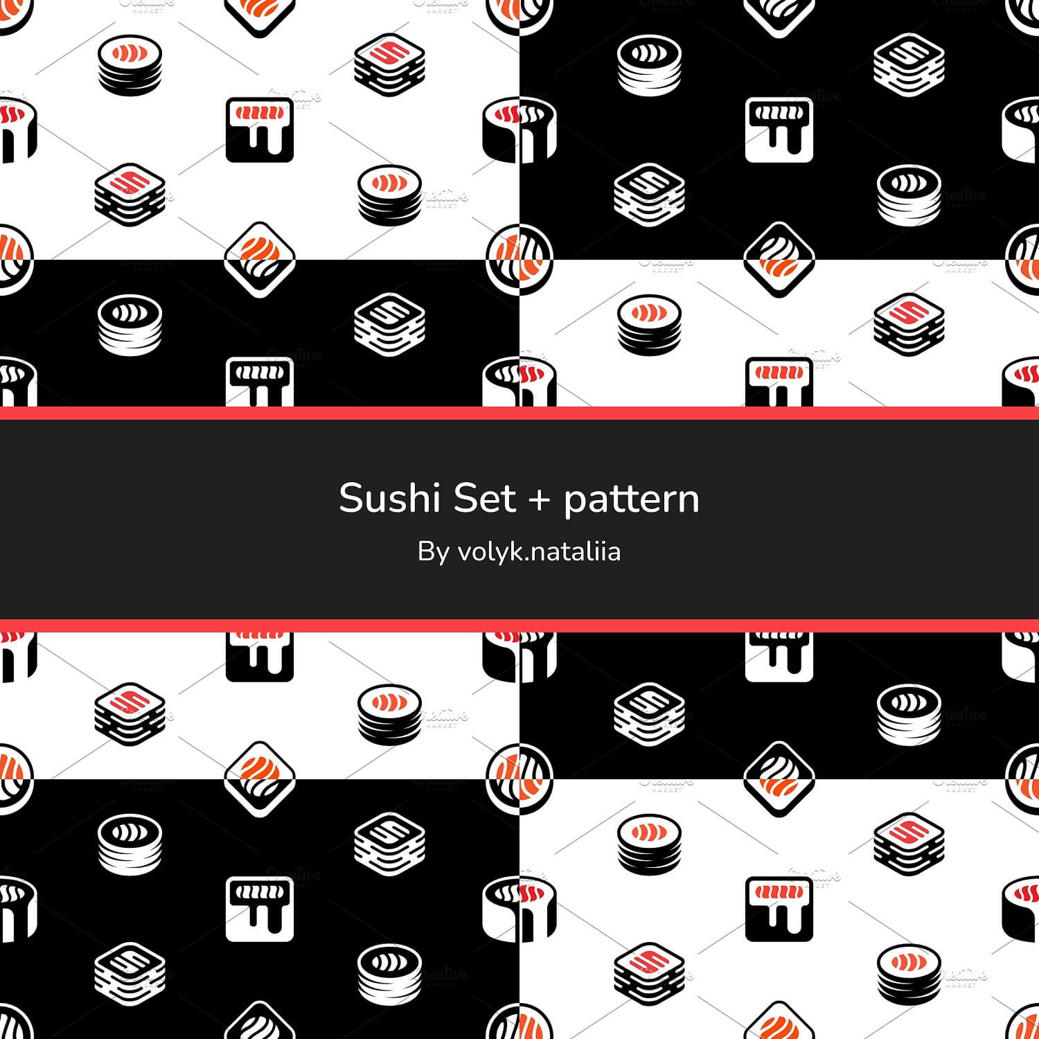 Sushi Set + Pattern on White and Black Background.