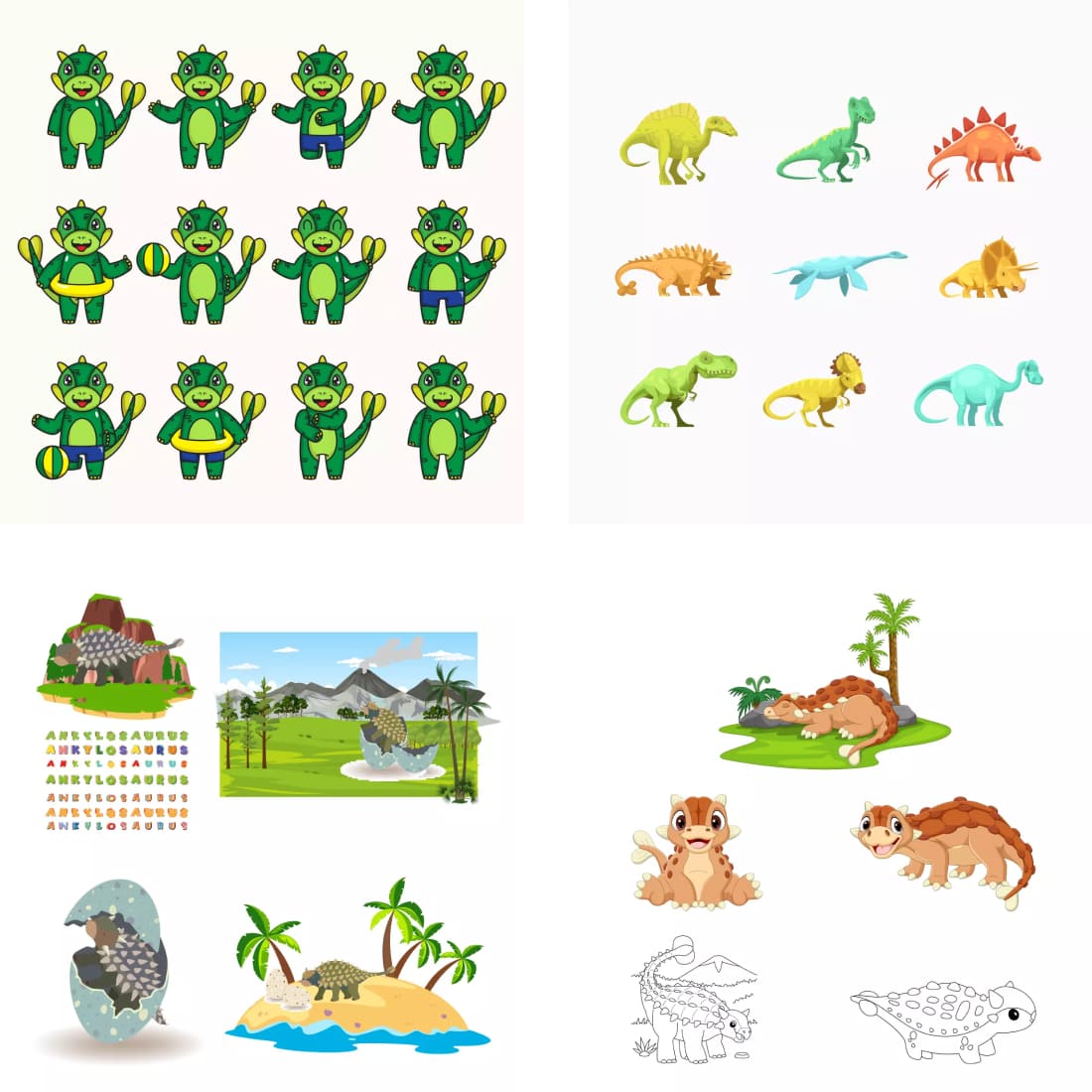 Variety of cartoon animals and plants.