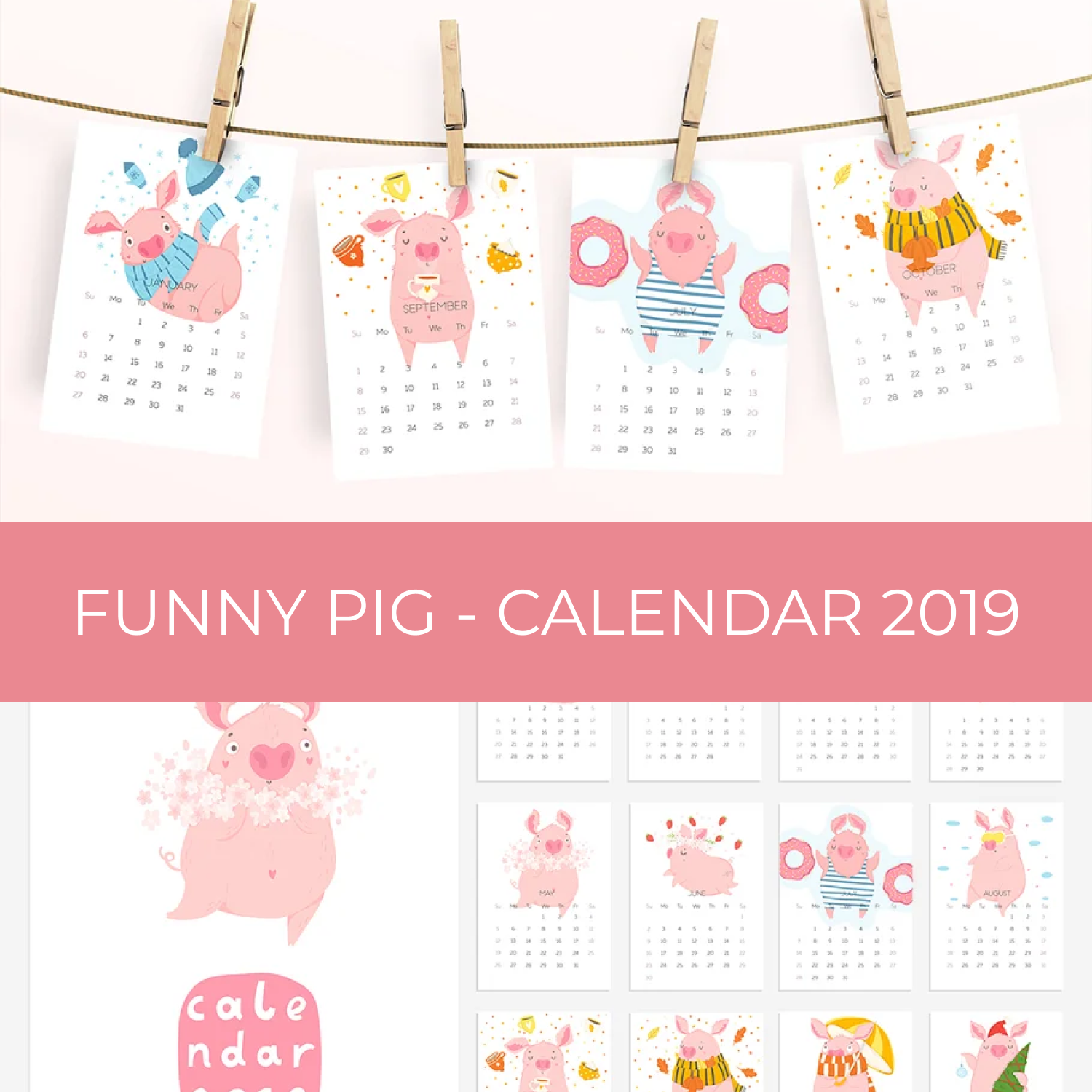 Prints of funny pig calendar 2019.