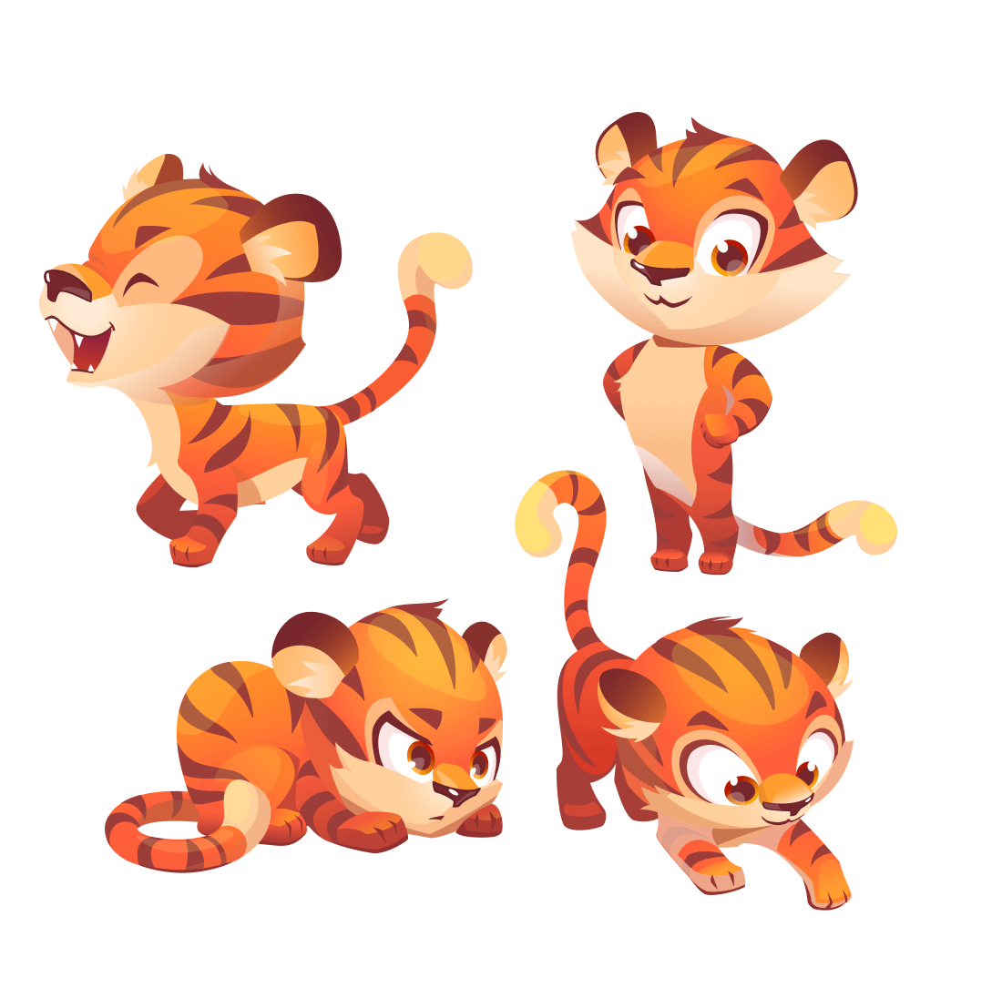 Set of four cartoon tiger images.