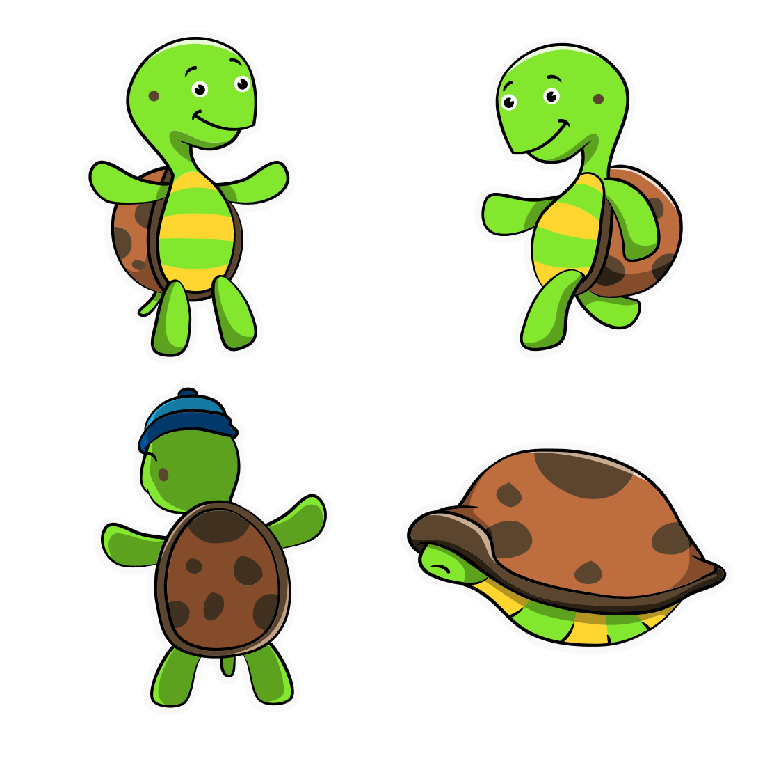 Set of four cartoon turtles in different poses.
