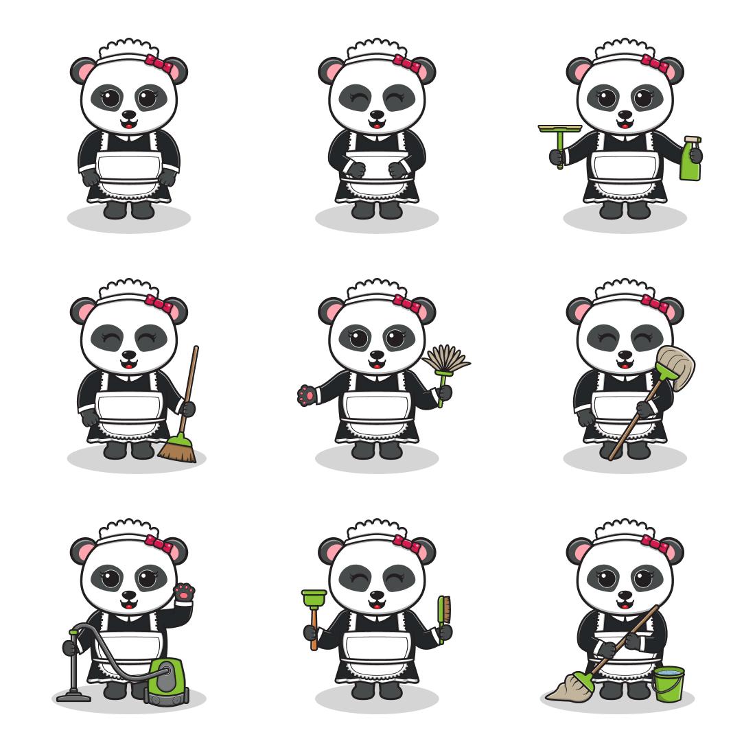 Set of cartoon pandas with different outfits.
