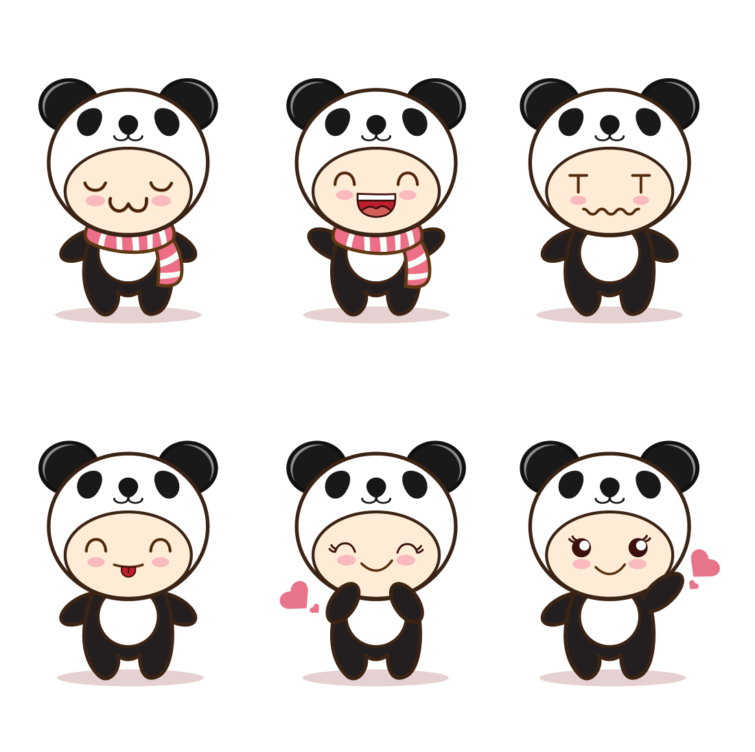 Set of cartoon pandas with different expressions.