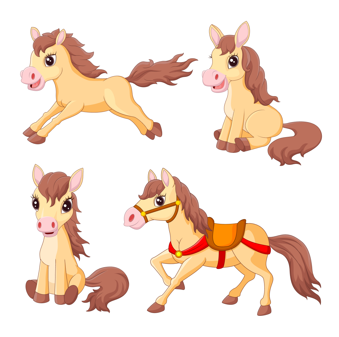 Set of four cartoon horses with different poses.