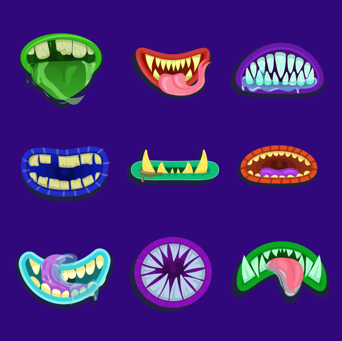Disgusting teeth of monsters on purple background close-up.