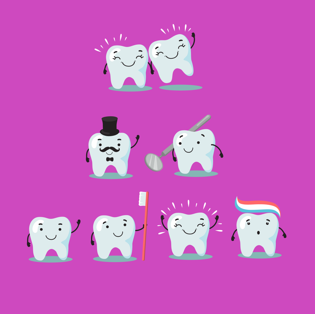 Couples of happy teeth with handles, mustaches, toothbrushes, bows.