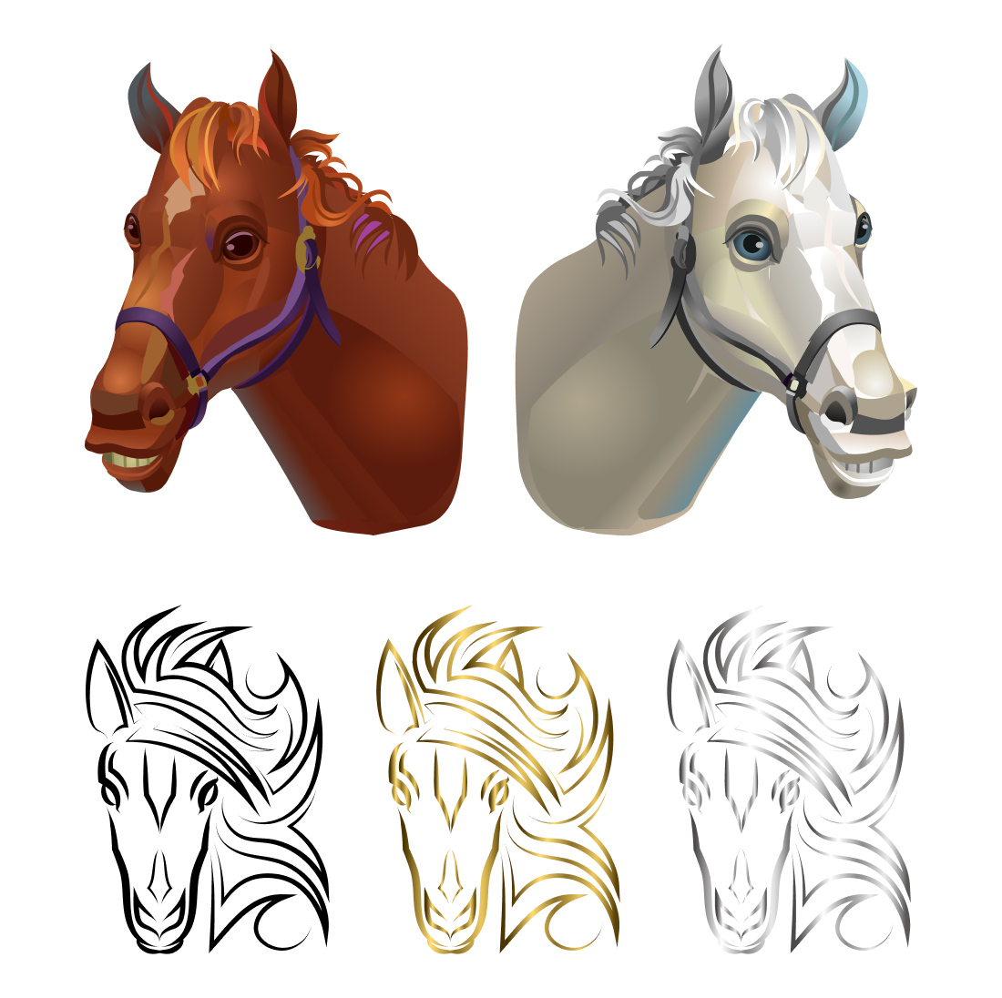 Set of three horse head designs on a white background.