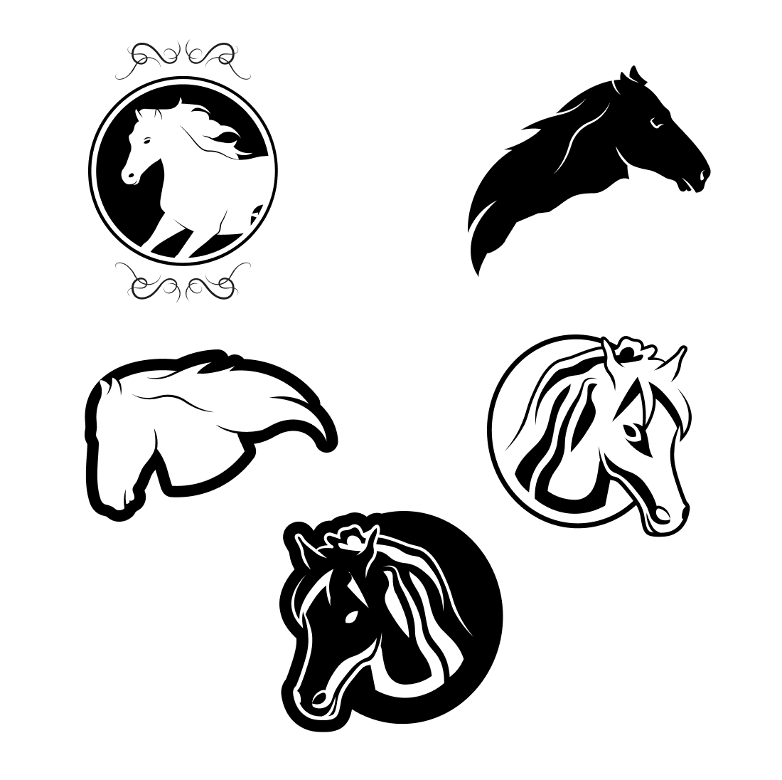 Set of four horse heads in black and white.