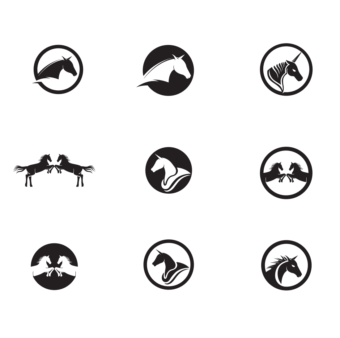 Set of nine black and white horse icons.