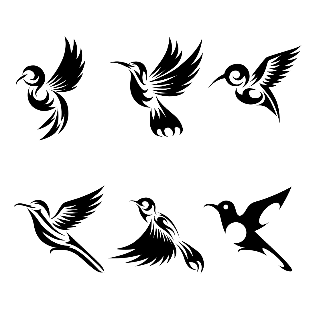 Set of black and white birds flying.