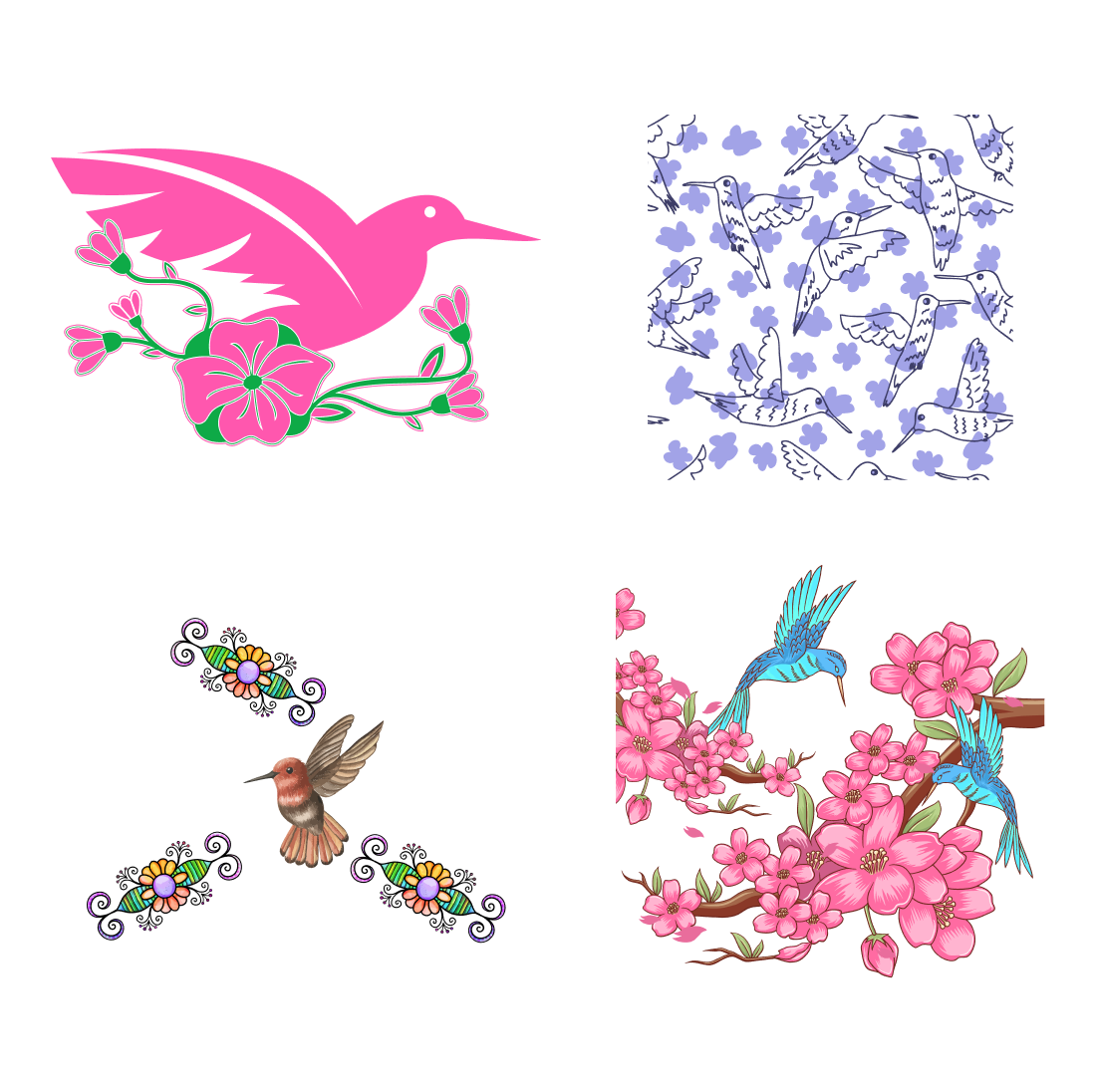 Picture of some birds and flowers on a white background.