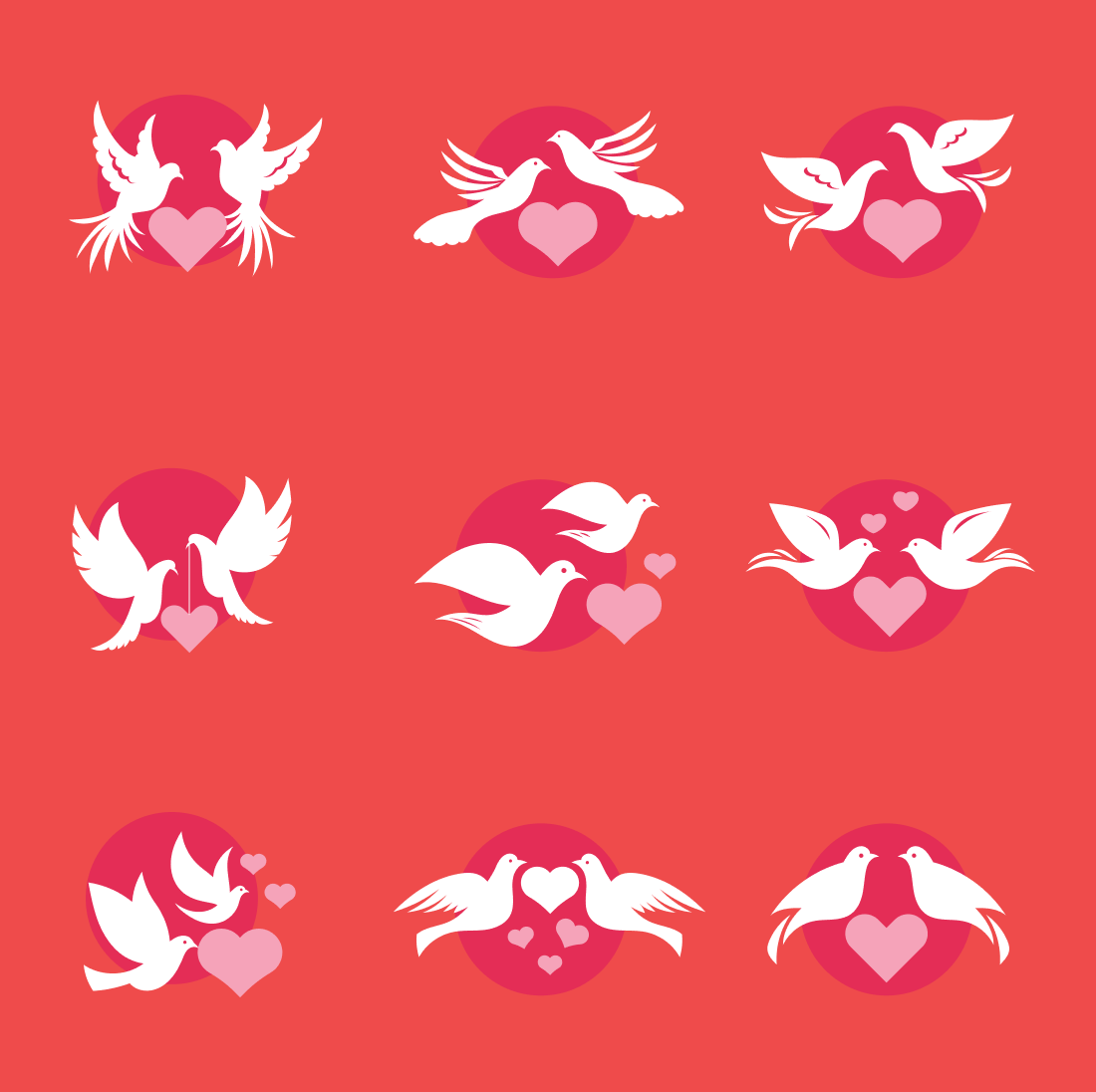 Set of nine doves with hearts on a red background.