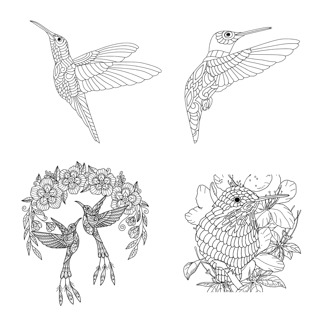 Four different types of birds with flowers in their beaks.