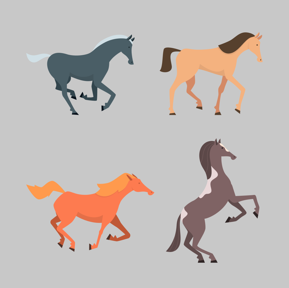 Group of four horses running across a gray background.