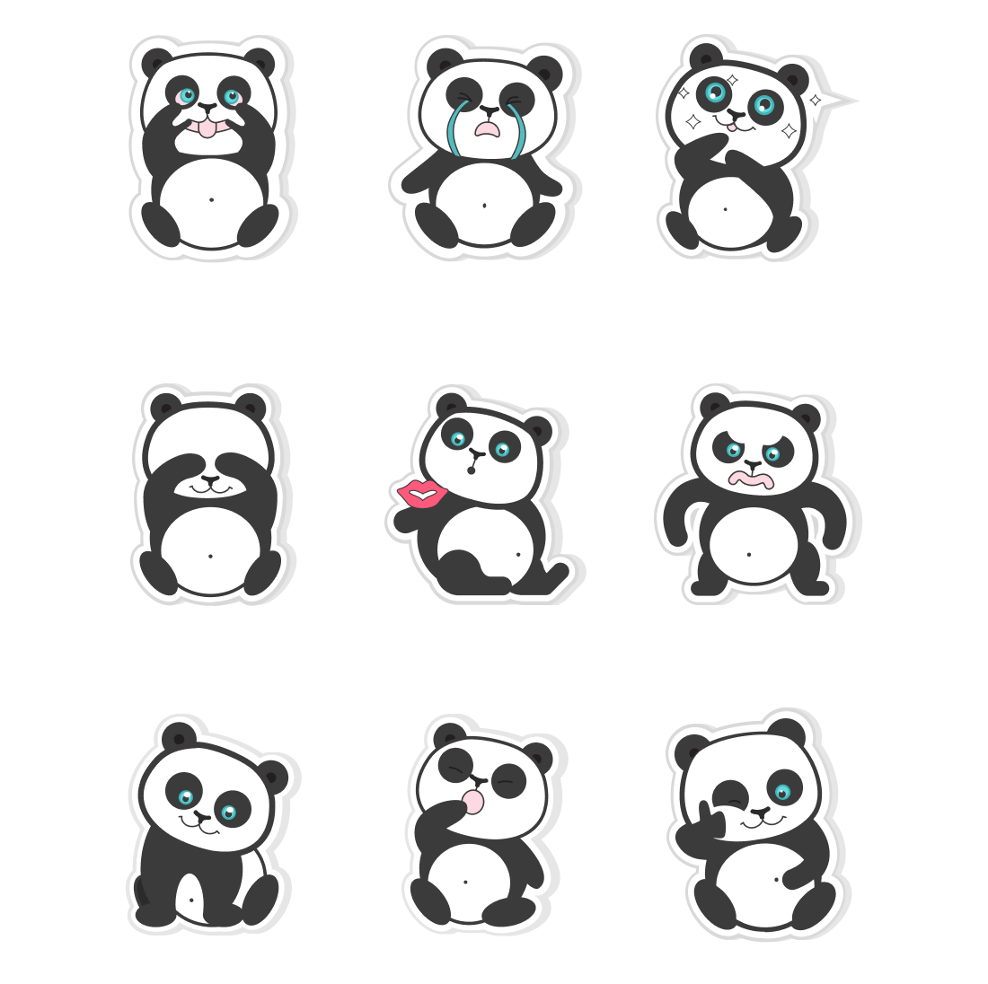 Set of panda stickers on a white background.