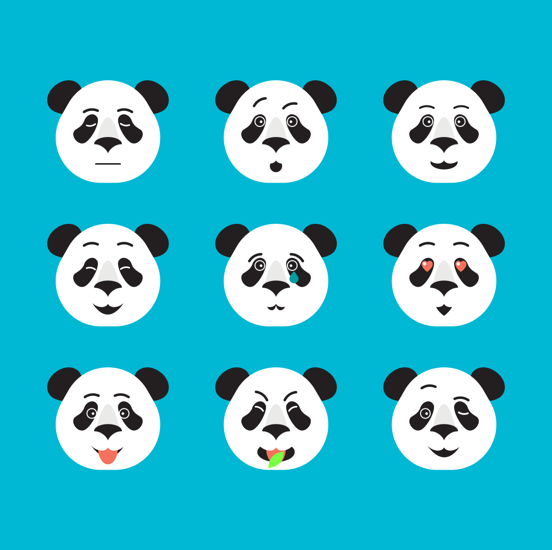 Bunch of panda bears with different facial expressions.