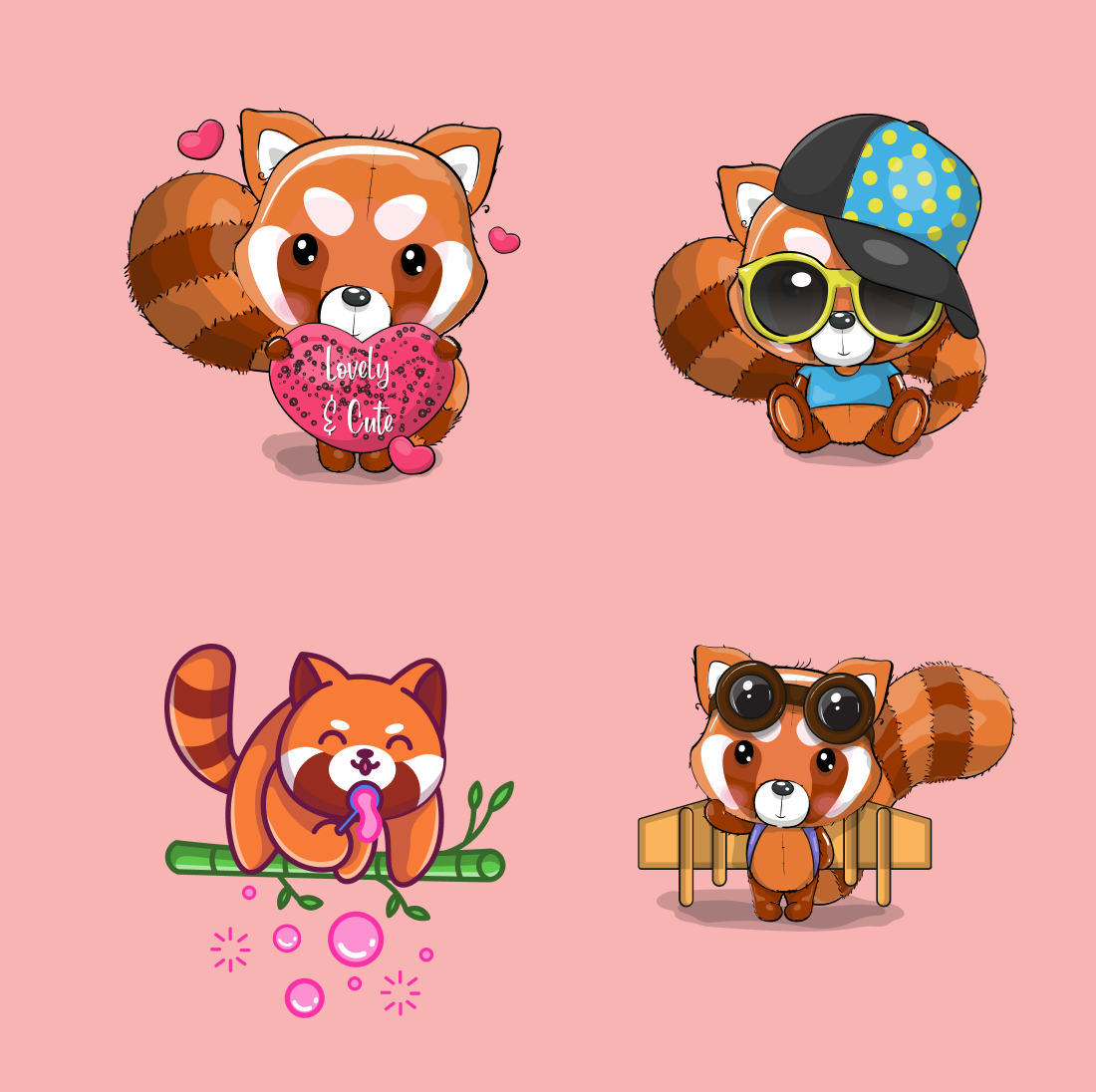Set of four cute raccoon stickers on a pink background.