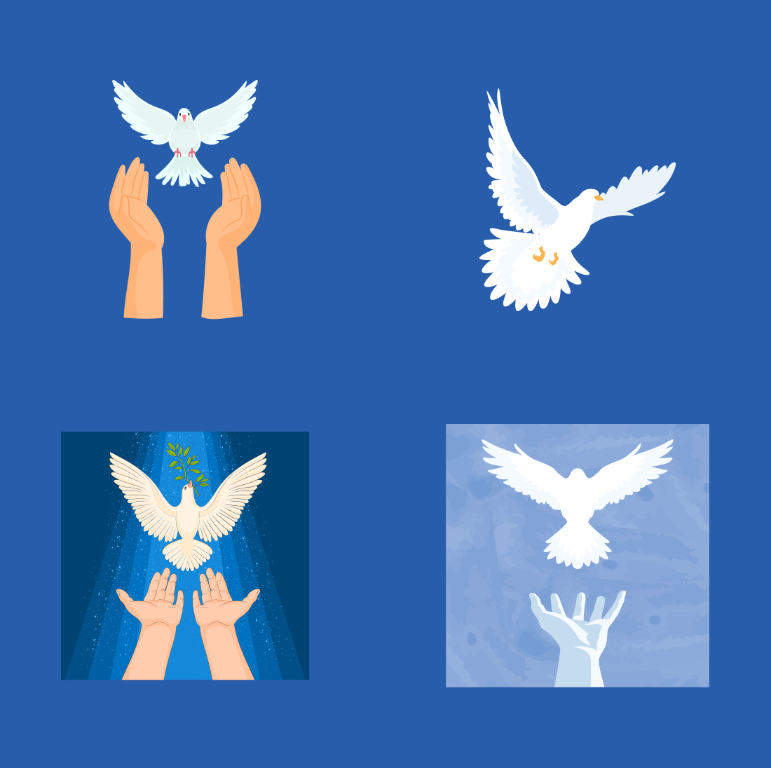 Series of four images with hands holding doves.