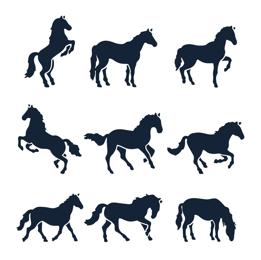Set of six silhouettes of horses.
