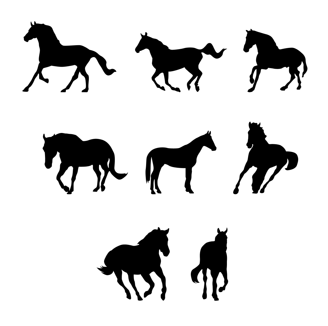 Set of six silhouettes of horses running.