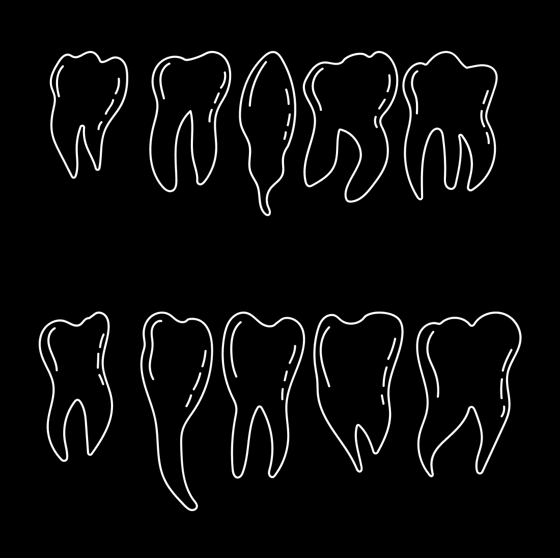 Ten white silhouettes of teeth on a black background.