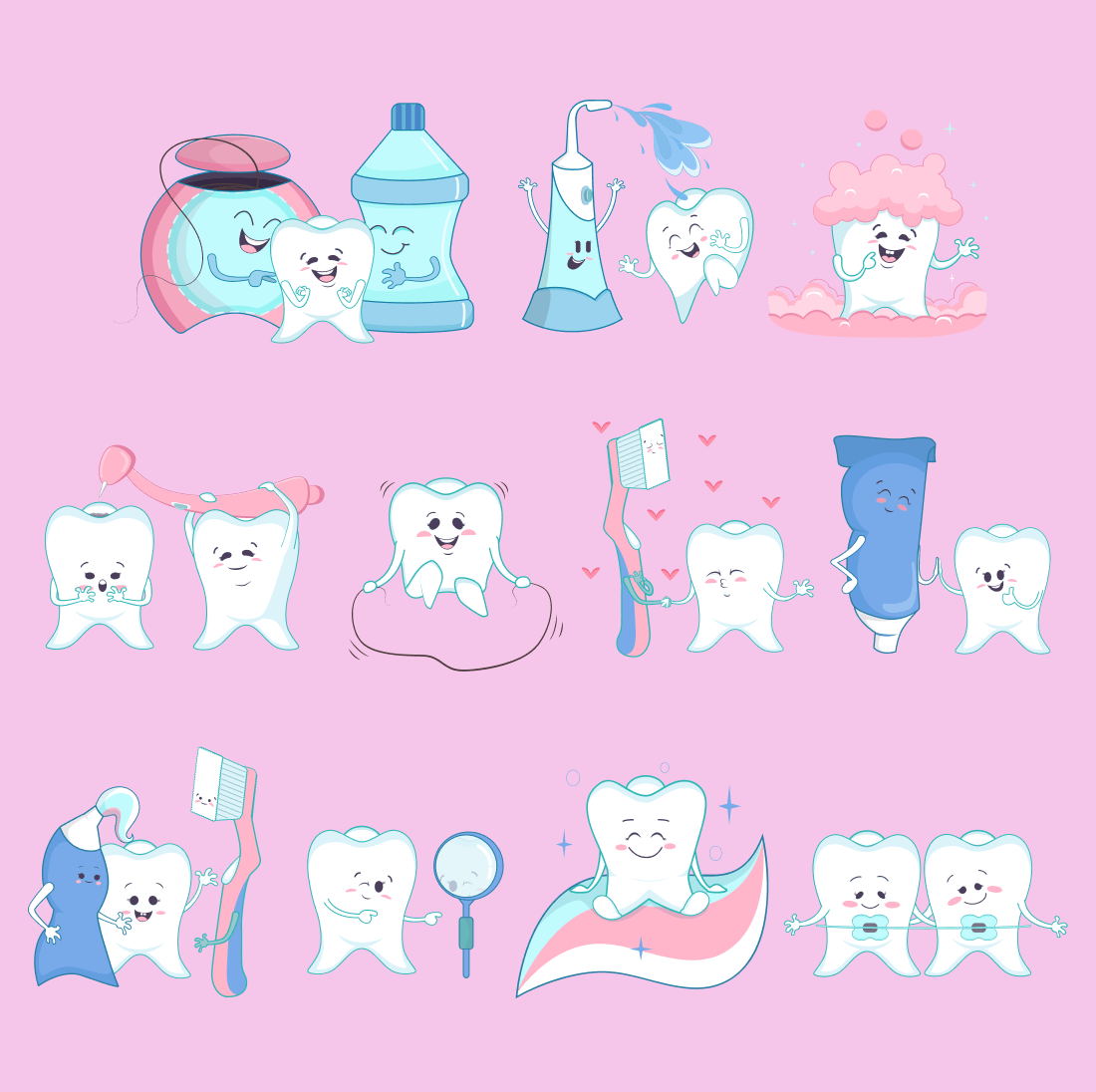 Three rows with smiling teeth with toothpaste and toothbrushes on a pink background.
