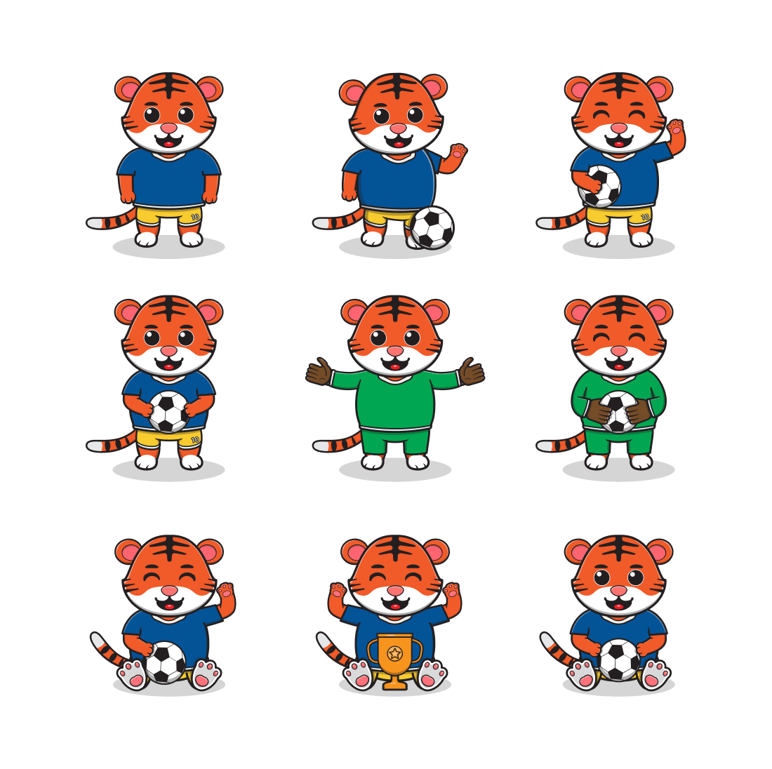 Set of cartoon tigers with different poses.