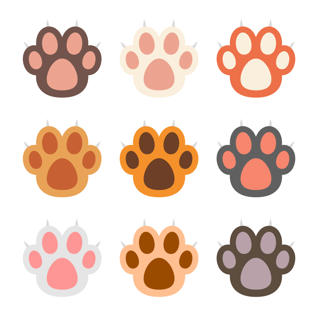 Bunch of different colored paws on a white background.