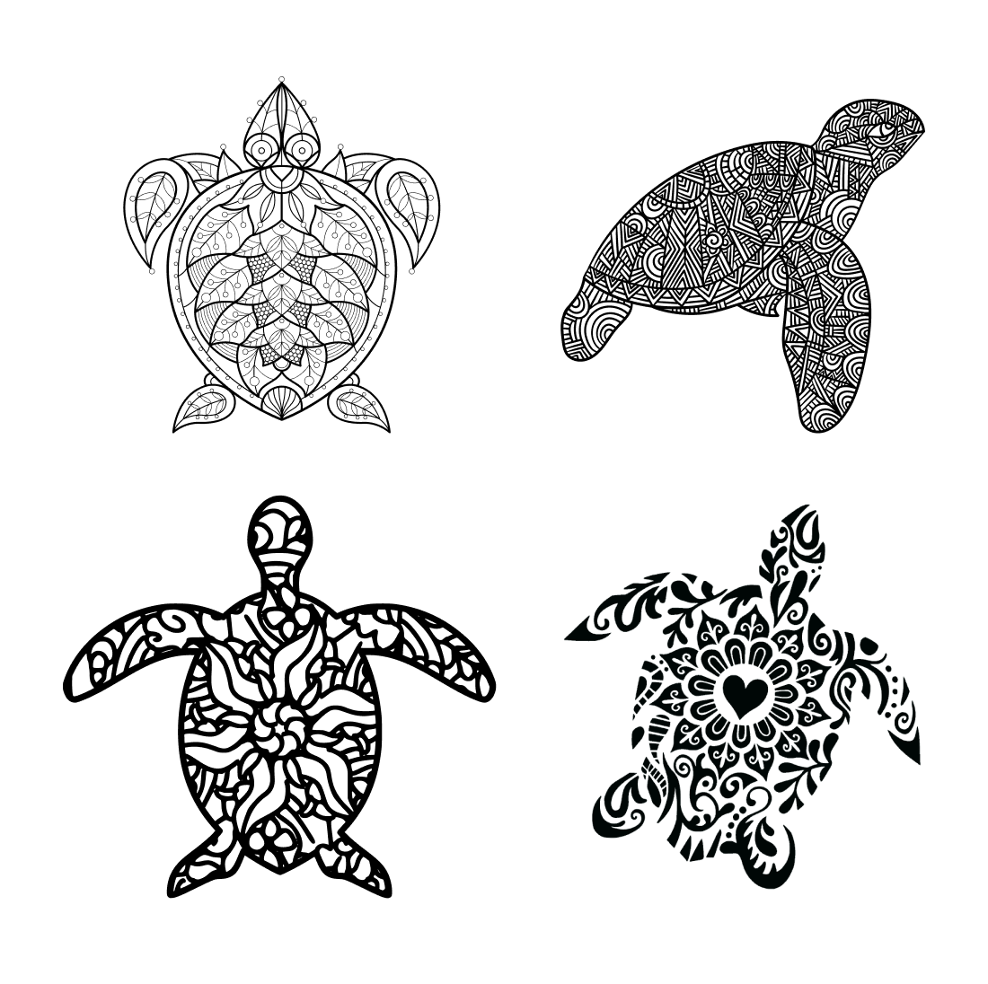 Four turtle designs in black and white on a white background.