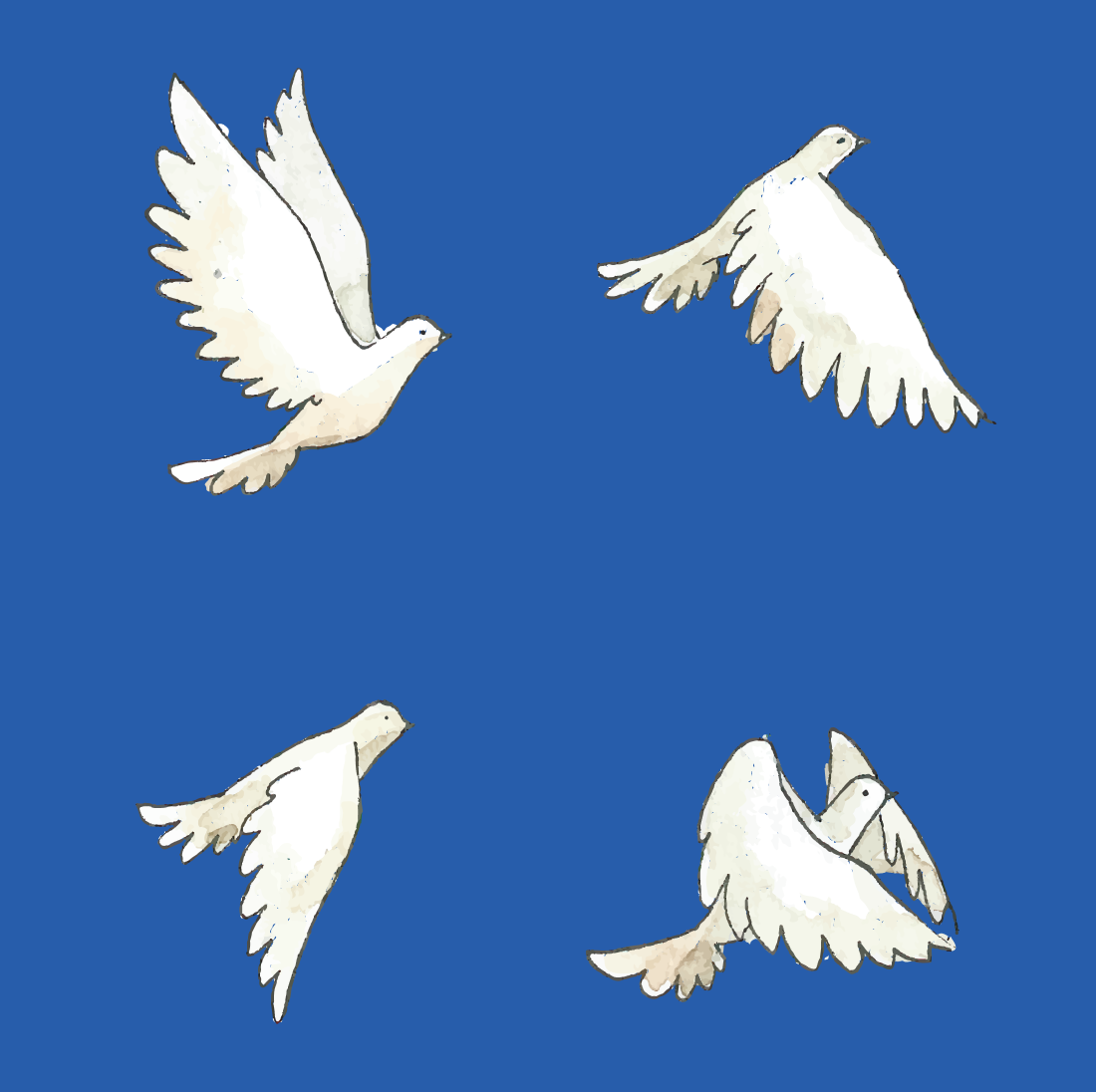 Four white doves flying in a blue sky.