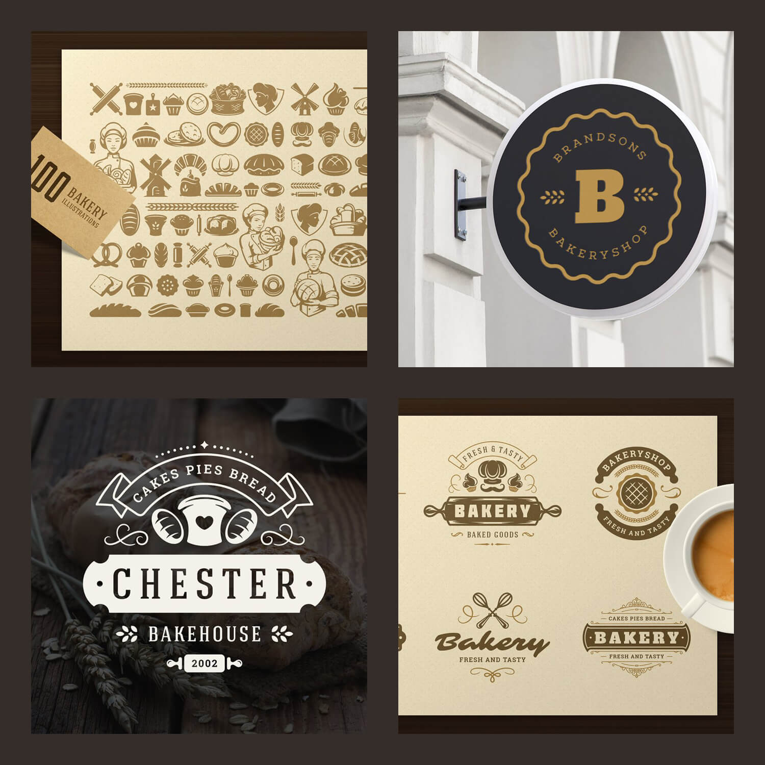 "Chester, Bakehouse 2002" logos and bakery icons in four pictures.
